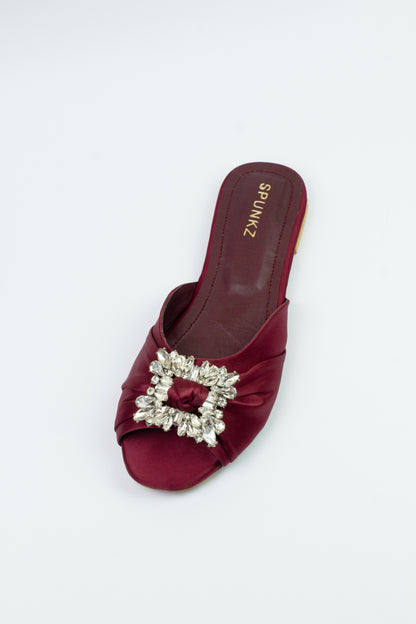 Spunkz Peep Toe Crystal Brooch Burgundy Flat Slippers - Spunkz