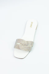 Diamanté White Flat Slides - Spunkz
