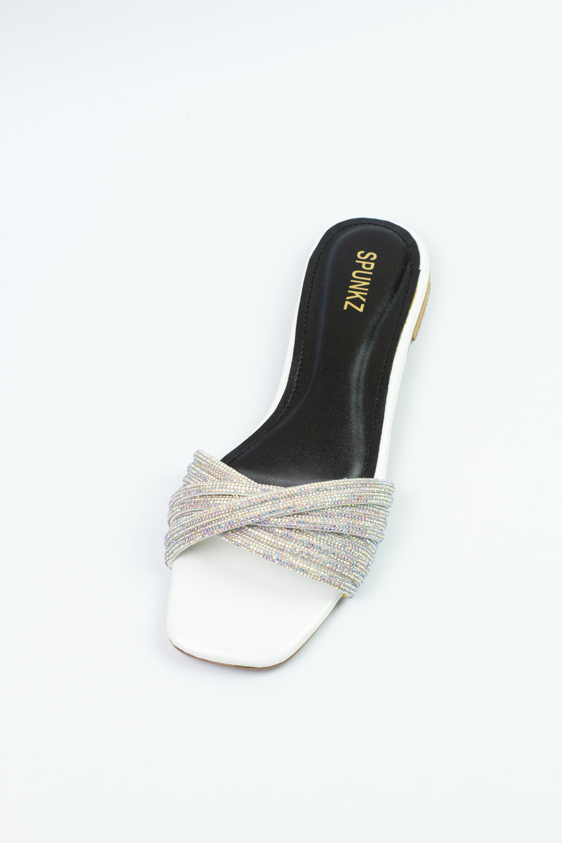 Spunkz White Mash Flats - Rhinestone Decor Mash Flat Slides - Spunkz