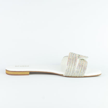 Spunkz White Diamanté Knotted Rhinestone Slide Sandals - Spunkz