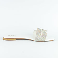 Diamanté White Flat Slides - Spunkz