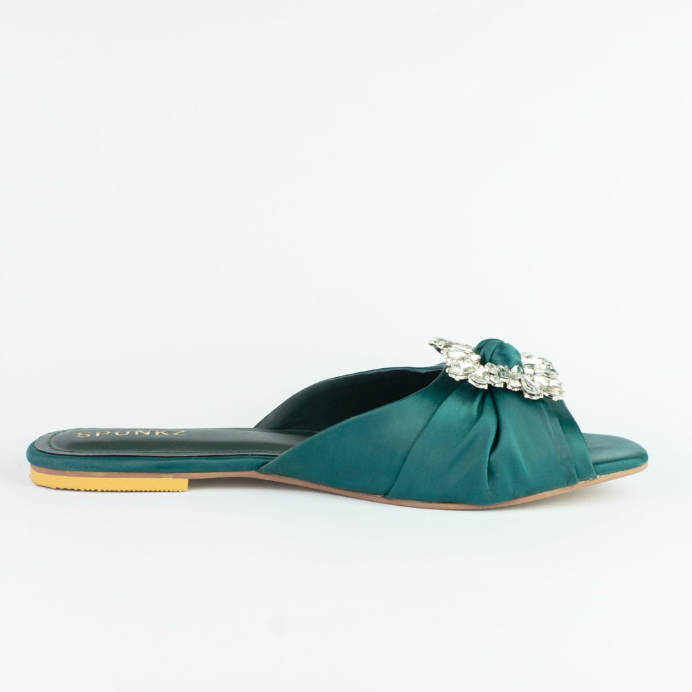 Green Brooch Flat Slippers (11033) - Spunkz