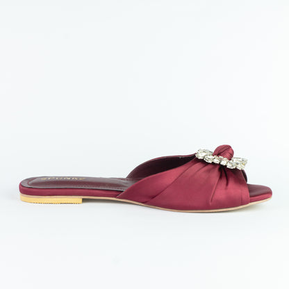 Spunkz Peep Toe Crystal Brooch Burgundy Flat Slippers - Spunkz