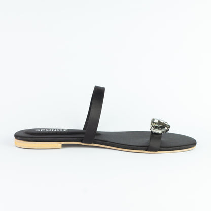 Spunkz Black Heart Ring Toe Flats - Black Diamond Toe Ring Slip-On Slides - Spunkz