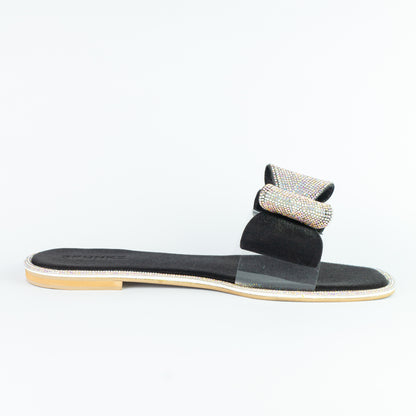 Spunkz Black Shimmery Diamanté Bow Flat Slides For Women - Spunkz