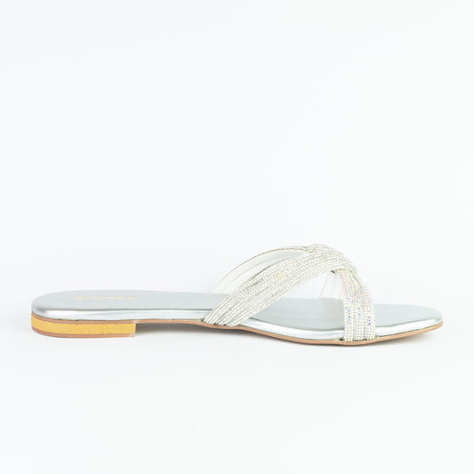 Spunkz Silver Diamante Strappy Rhinestone Knot Flats Sandals - Spunkz