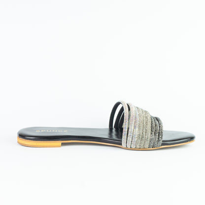 Spunkz Black and Silver Shiny Diamante Embellished Mash Flat Slippers - Spunkz