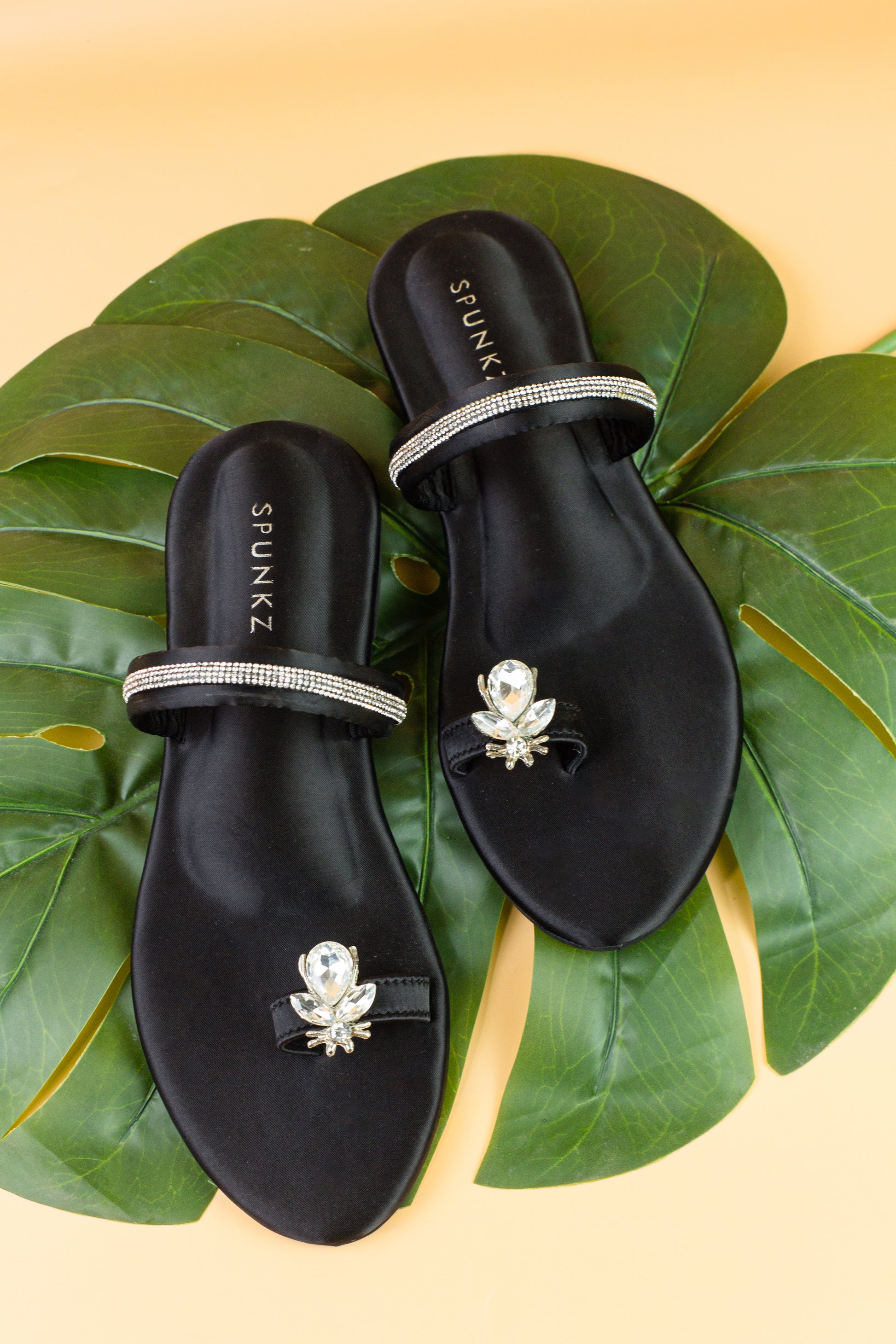 Spunkz Metallic Black Rhinestone Strap Bee Flats - Spunkz