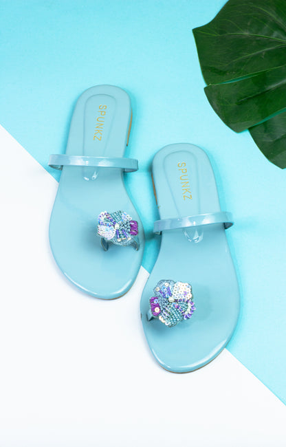 Spunkz Blue beads Sequins Embellished Flip Flops - Spunkz