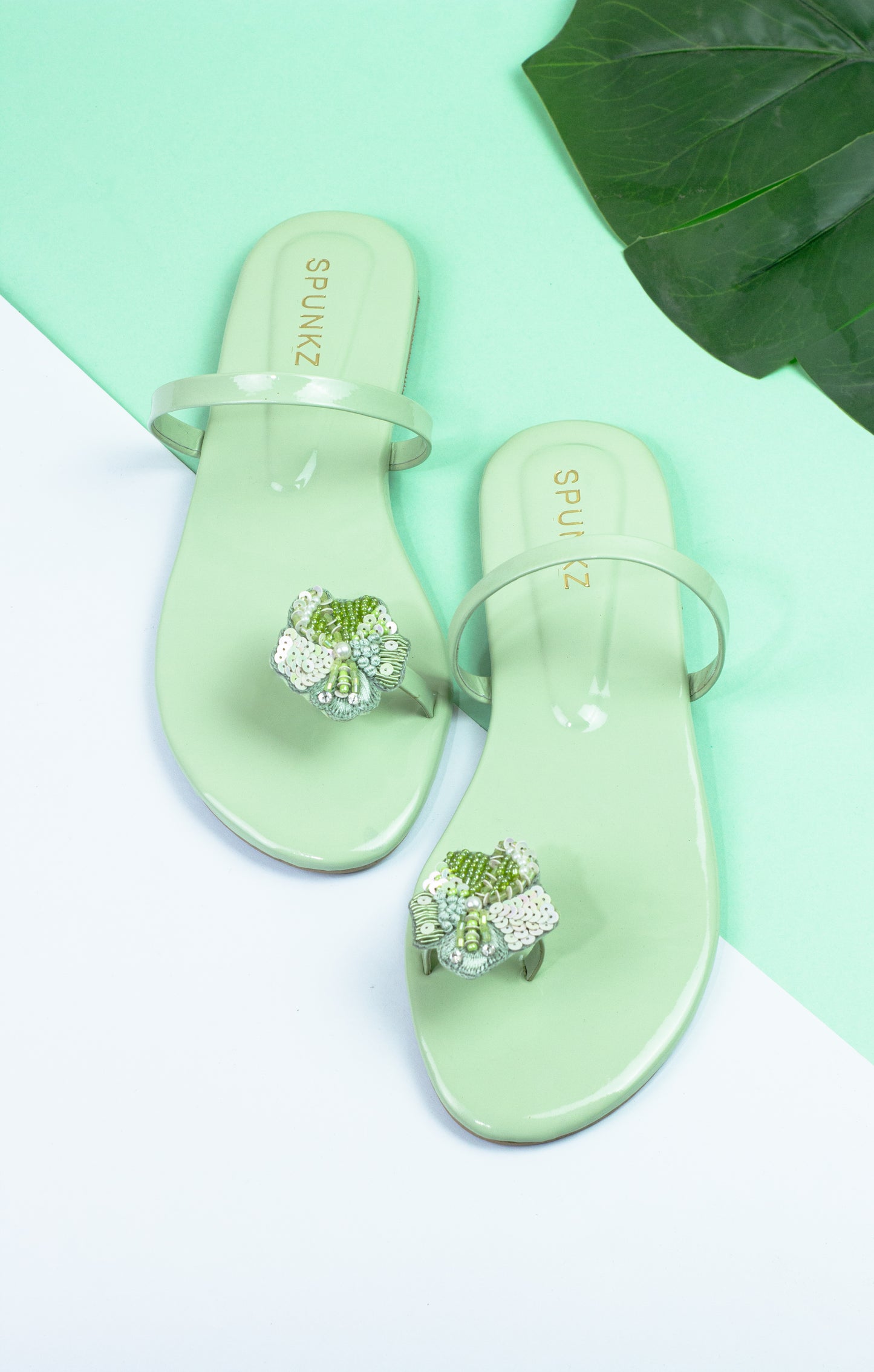 Spunkz Vibrant Green Floral Sequins Embellished Flat Sandals - Spunkz