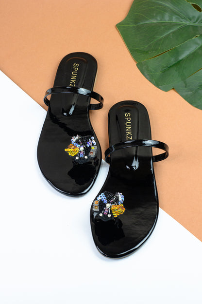 Spunkz Shiny Metallic Black Floral Sequins Ring Toe Flat Slides - Spunkz