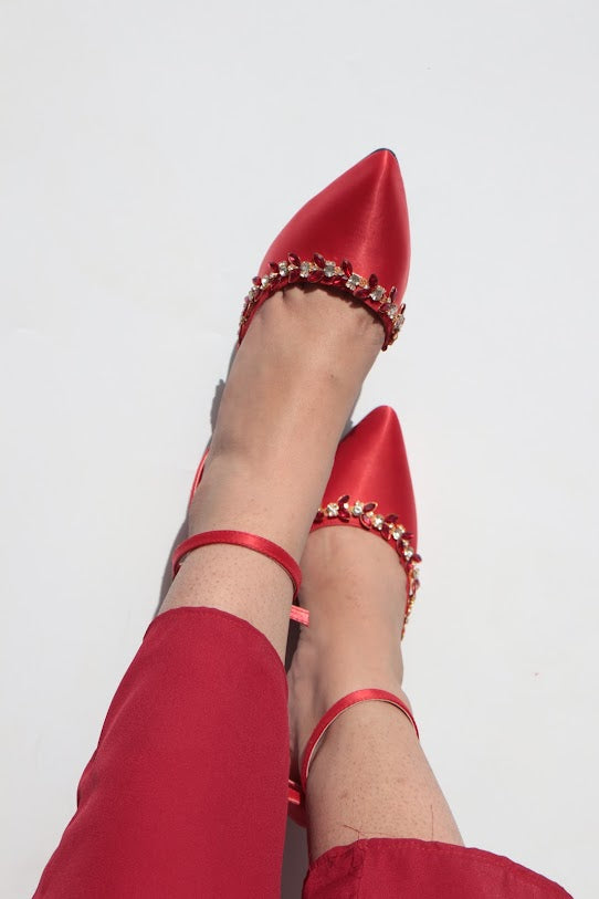 Red Petal Crystal Flowers Studded Pointed Toe Satin Heels - Spunkz