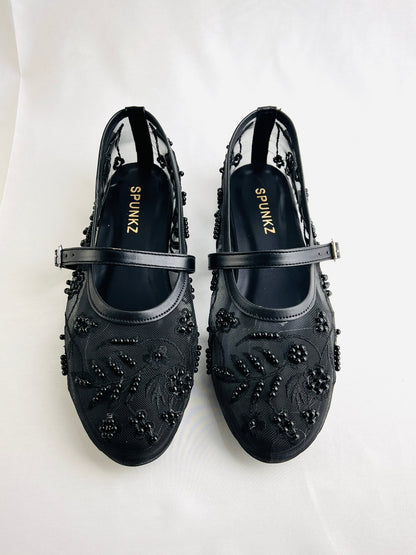 Black Beads Embroidery Ballet Flats - Spunkz