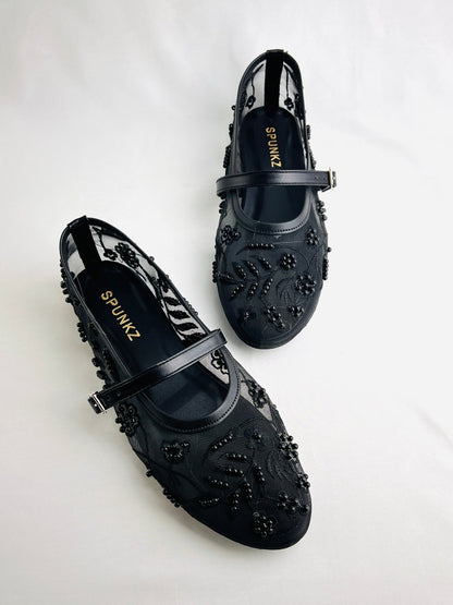 Black Beads Embroidery Ballet Flats - Spunkz
