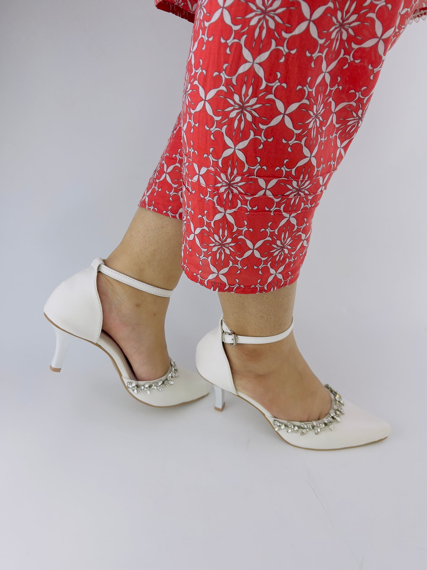 White Petal Flowers Studded Pointed Toe Ankle Strap Leather Heels