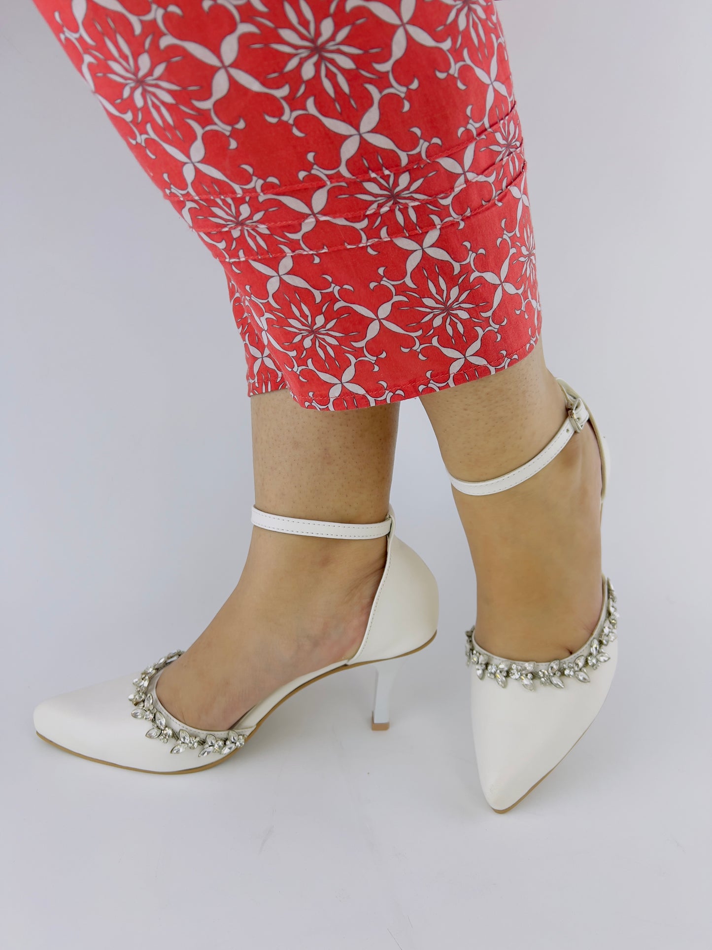 White Petal Flowers Studded Pointed Toe Ankle Strap Leather Heels