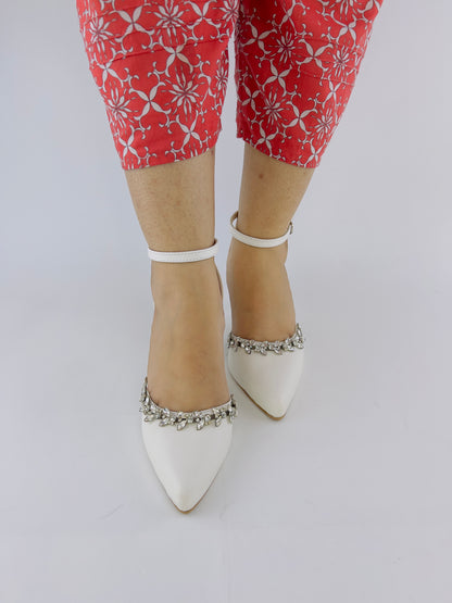 White Petal Flowers Studded Pointed Toe Ankle Strap Leather Heels