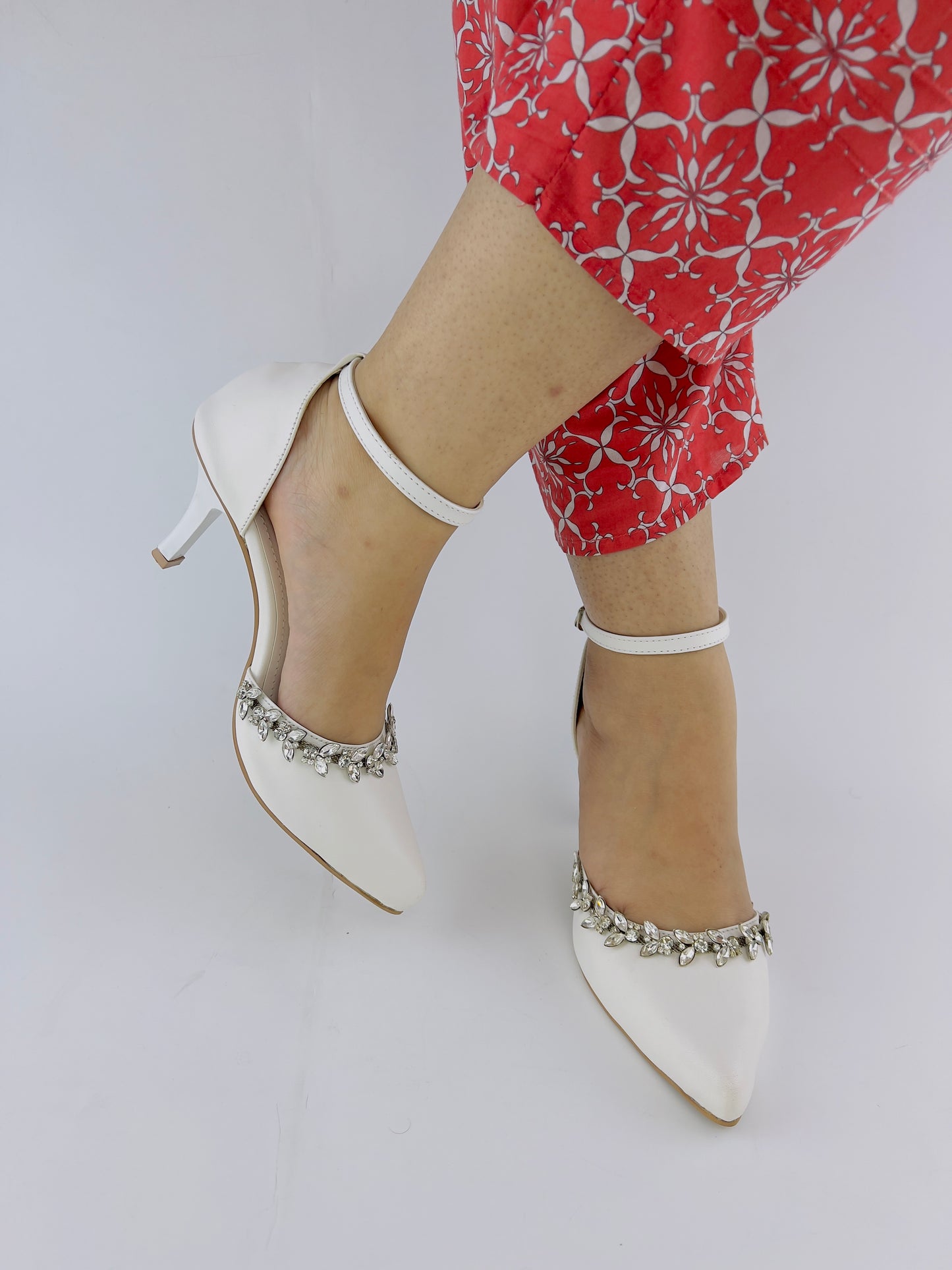 White Petal Flowers Studded Pointed Toe Ankle Strap Leather Heels