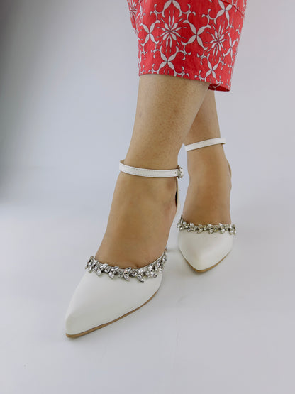 White Petal Flowers Studded Pointed Toe Ankle Strap Leather Heels