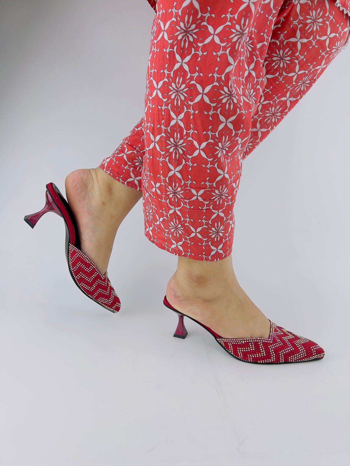 Ruby Diamond Stones Studded Embroidery Kitten Heel