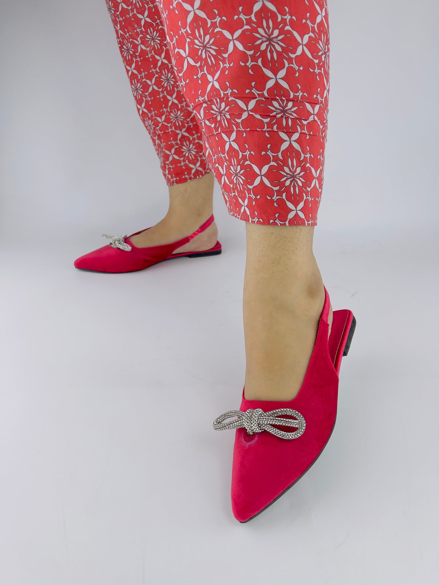 Cherry Pink Gem-Embellished Bow-Tie Slingback Flats