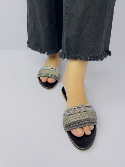 Spunkz Black and Silver Shiny Diamante Embellished Mash Flat Slippers