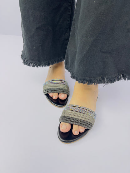 Spunkz Black and Silver Shiny Diamante Embellished Mash Flat Slippers-11023