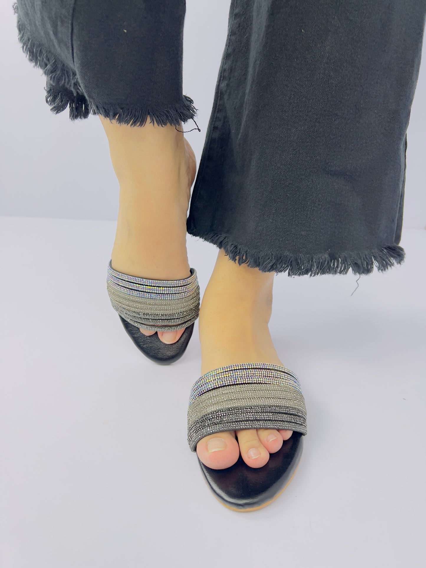 Spunkz Black and Silver Shiny Diamante Embellished Mash Flat Slippers