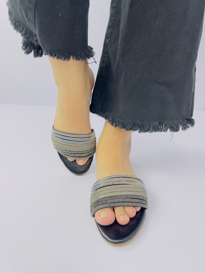 Spunkz Black and Silver Shiny Diamante Embellished Mash Flat Slippers-11023