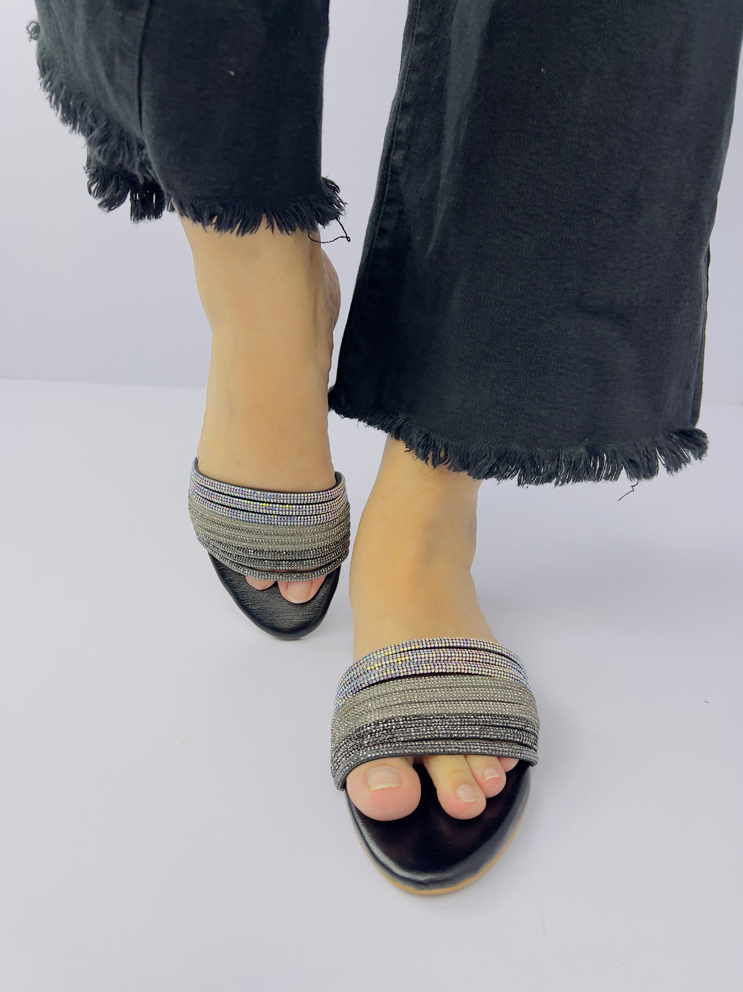 Spunkz Black and Silver Shiny Diamante Embellished Mash Flat Slippers-11023