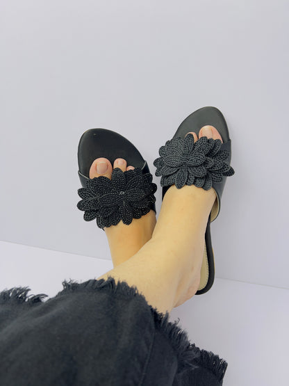 Melena Black Shiny Diamante Flower Slides