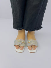 Diamanté White Flat Slides - Spunkz