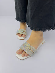 Diamanté White Flat Slides - Spunkz