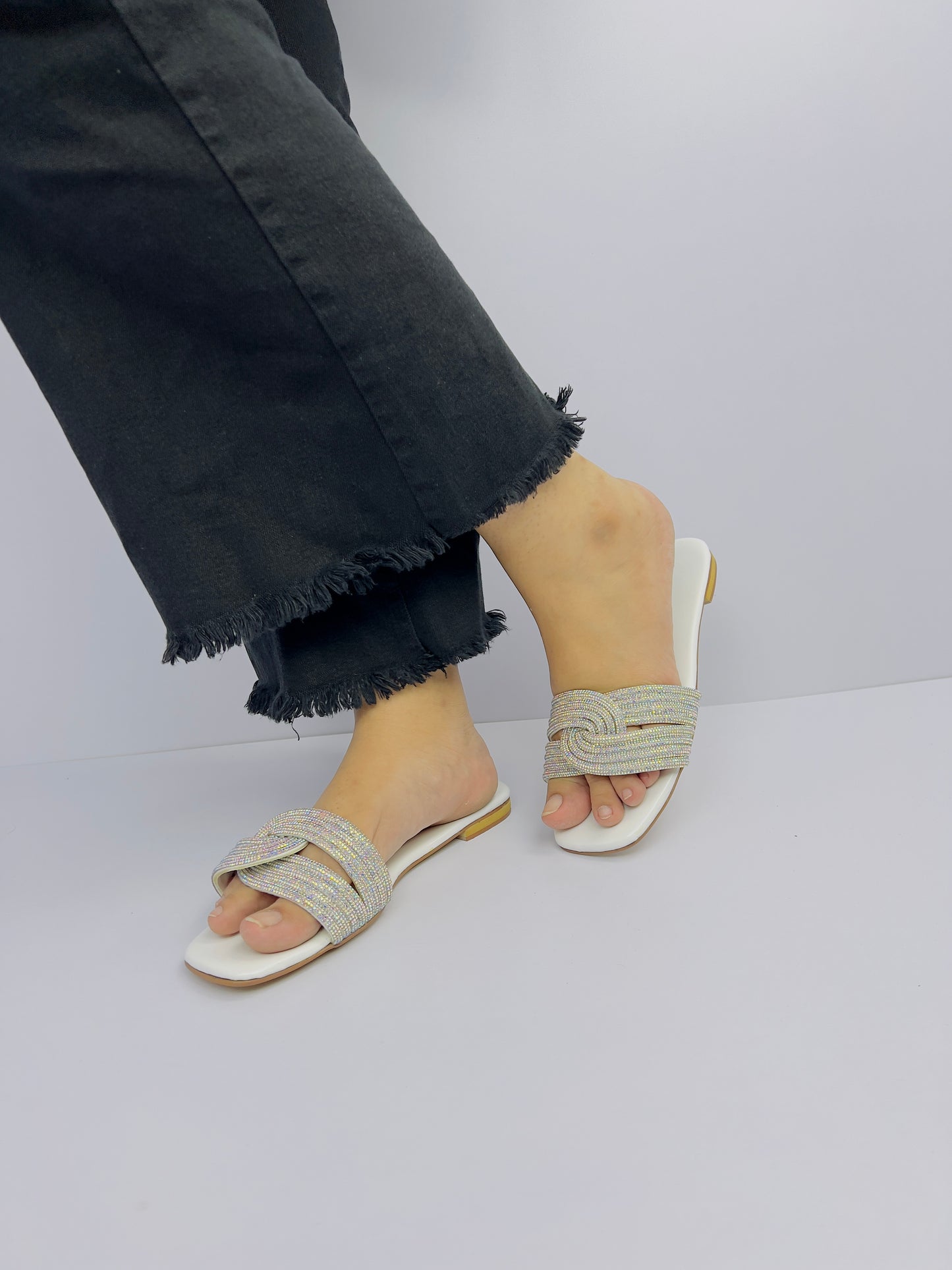 Spunkz White Diamanté Knotted Rhinestone Slide Sandals