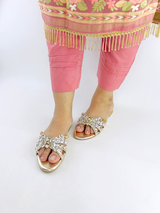 Spunkz Crystal Stones Embellished Golden Flat Sandals