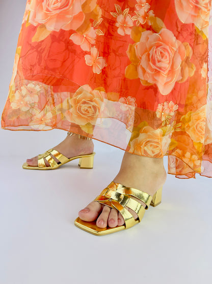 Spunkz Gold Snake Block Heel Sandals