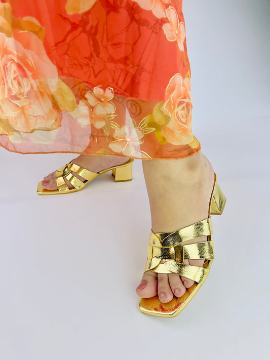 Spunkz Gold Snake Block Heel Sandals