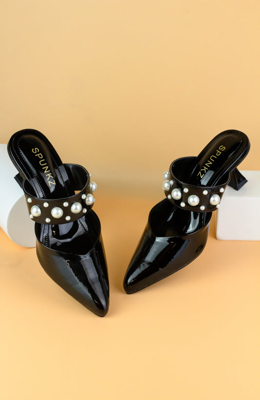 Spunkz Shiny Black Pearls Decor Pointed Toe Open Back Mules