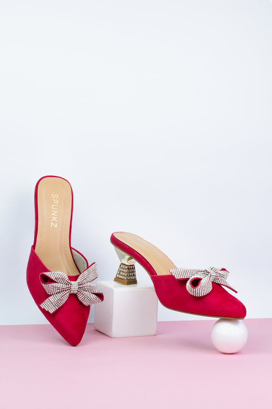 Spunkz Pointed Toe Mid Heel Red Butterfly-Knot Slip-On Sandals