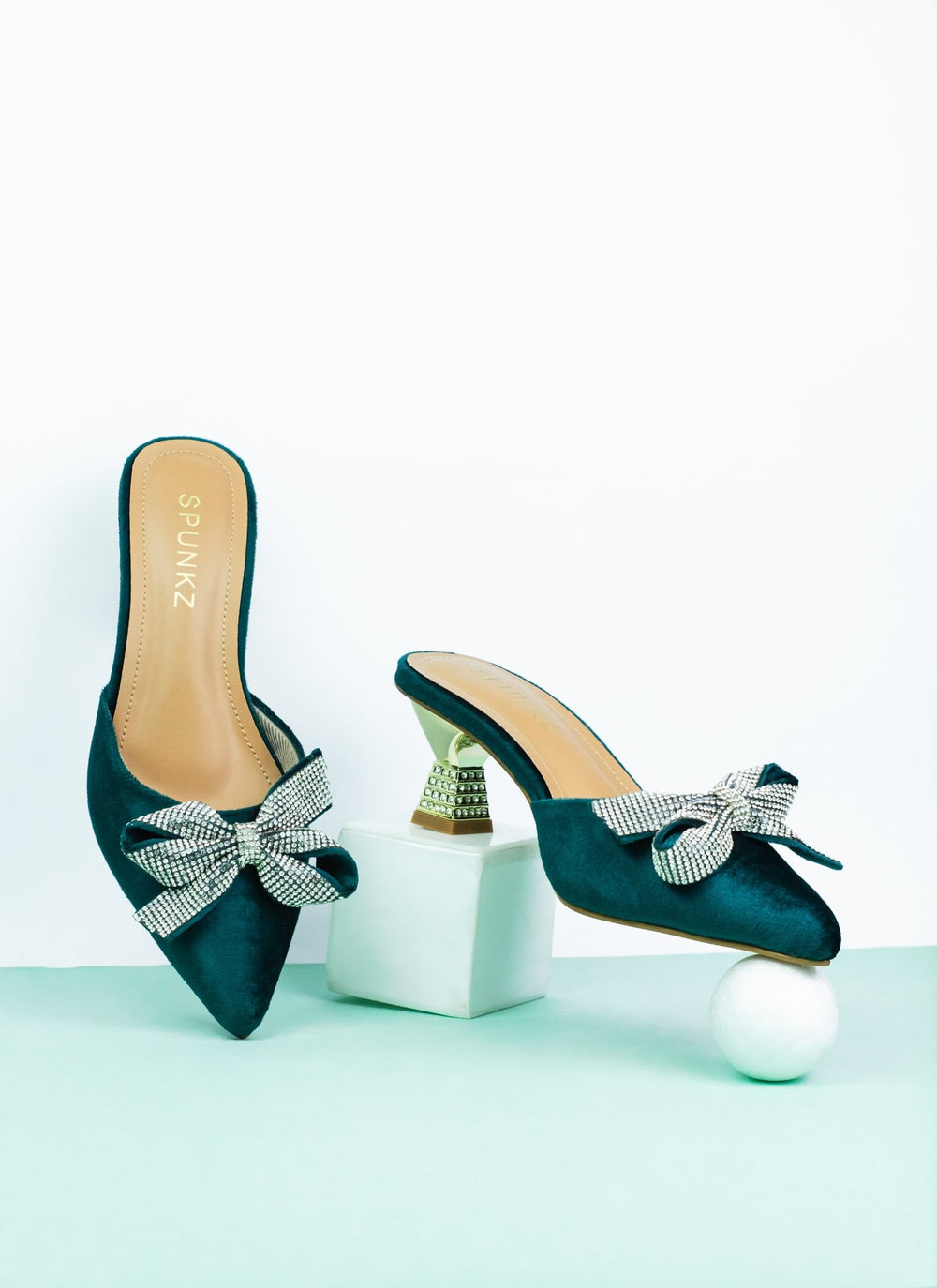 Velvet Bow Mule Sandals (Green) - Spunkz