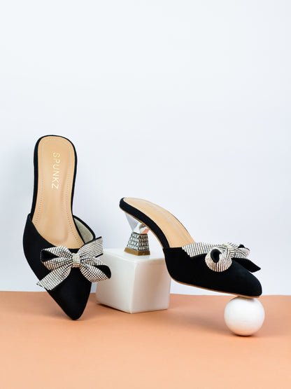 Spunkz Pointed Toe Black Velvet Mules with Rhinestone Kitten Heels