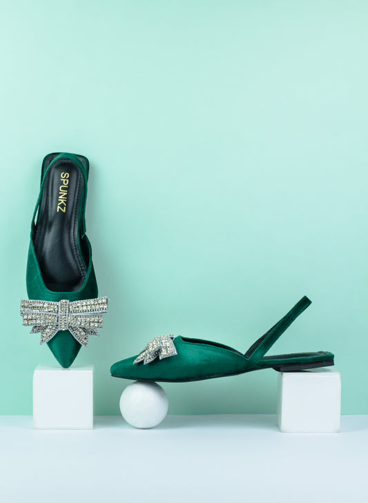 Spunkz Pointed Toe Rhinestone Bow Knot Green Slingback Flats