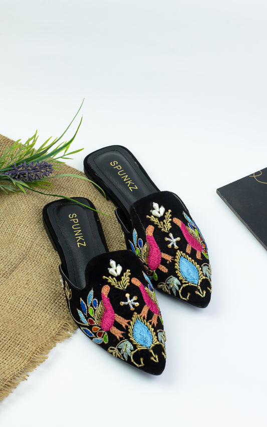 Spunkz Peacock Hand Embroidery Black Velvet Flat Mules