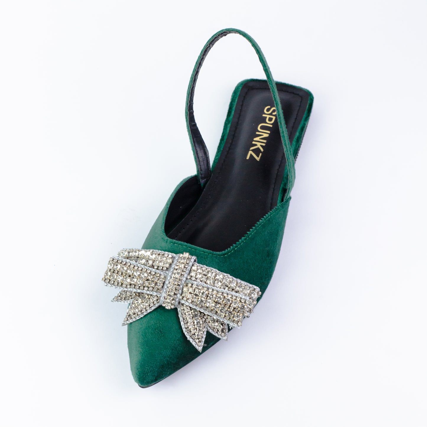 Spunkz Pointed Toe Rhinestone Bow Knot Green Slingback Flats