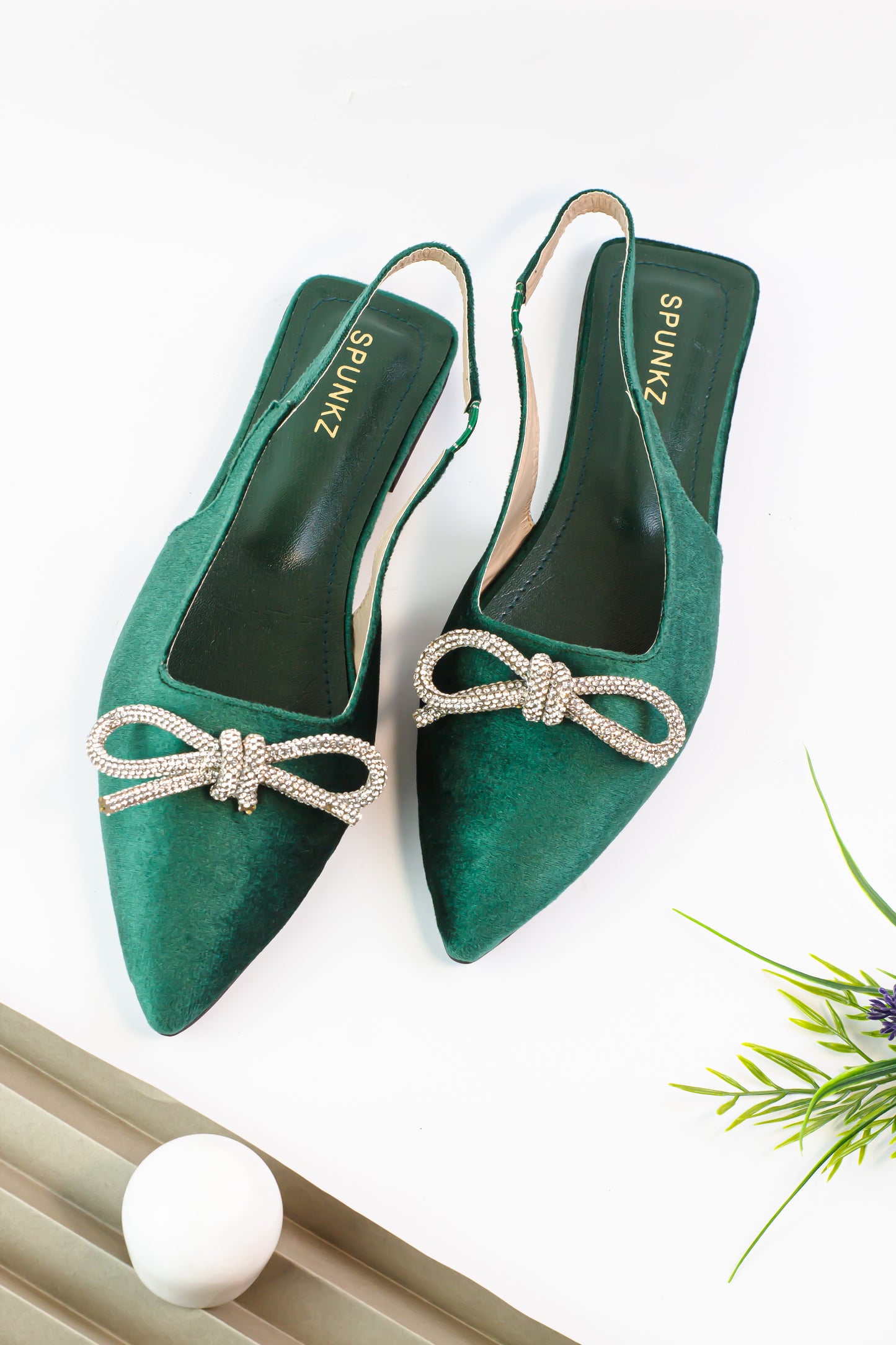 Jadie Meshbow Green Velvet Slingback Flats - Spunkz