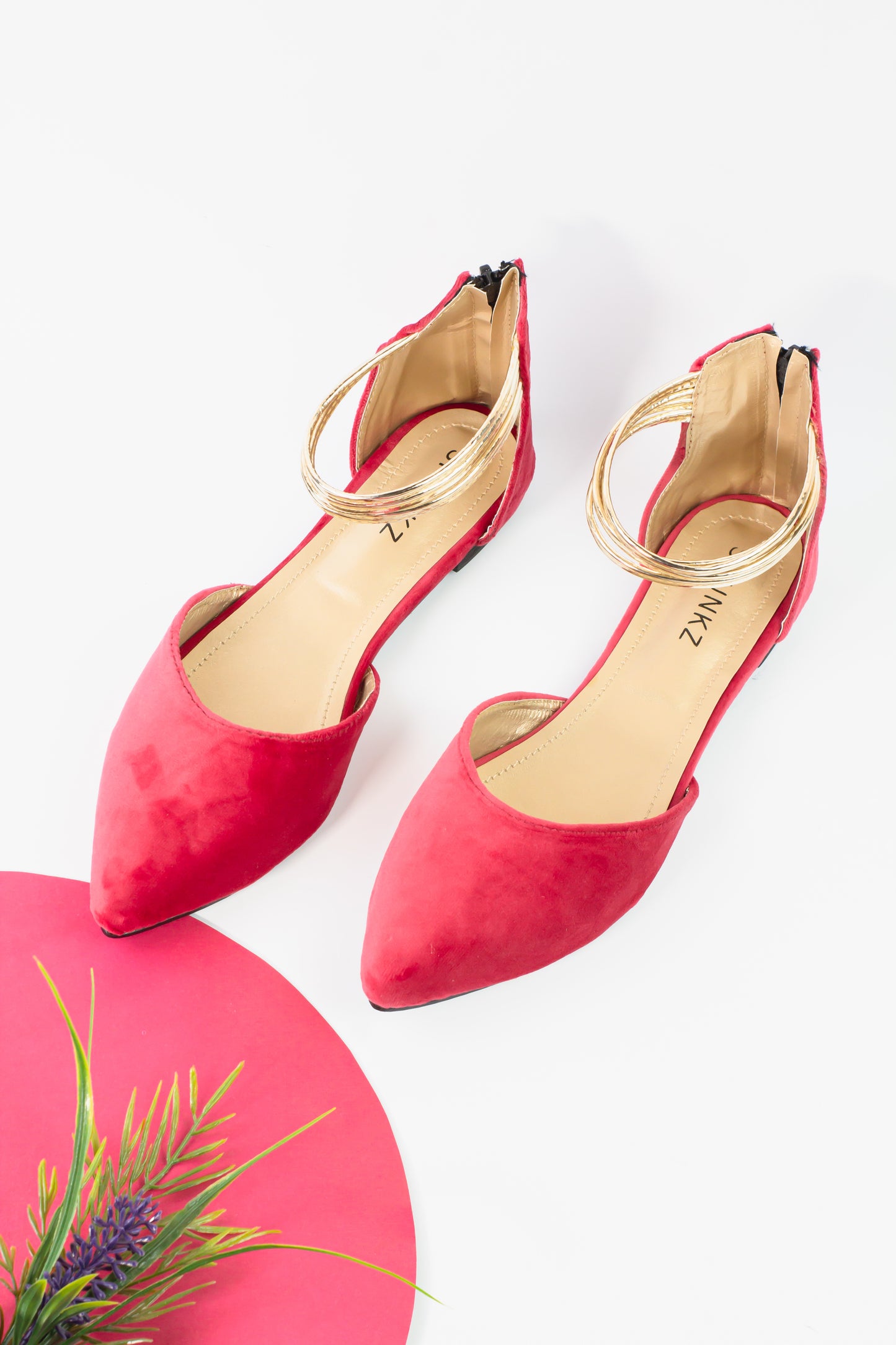 Koral Pink Suede and Gold Ankle Strap Flats - Spunkz