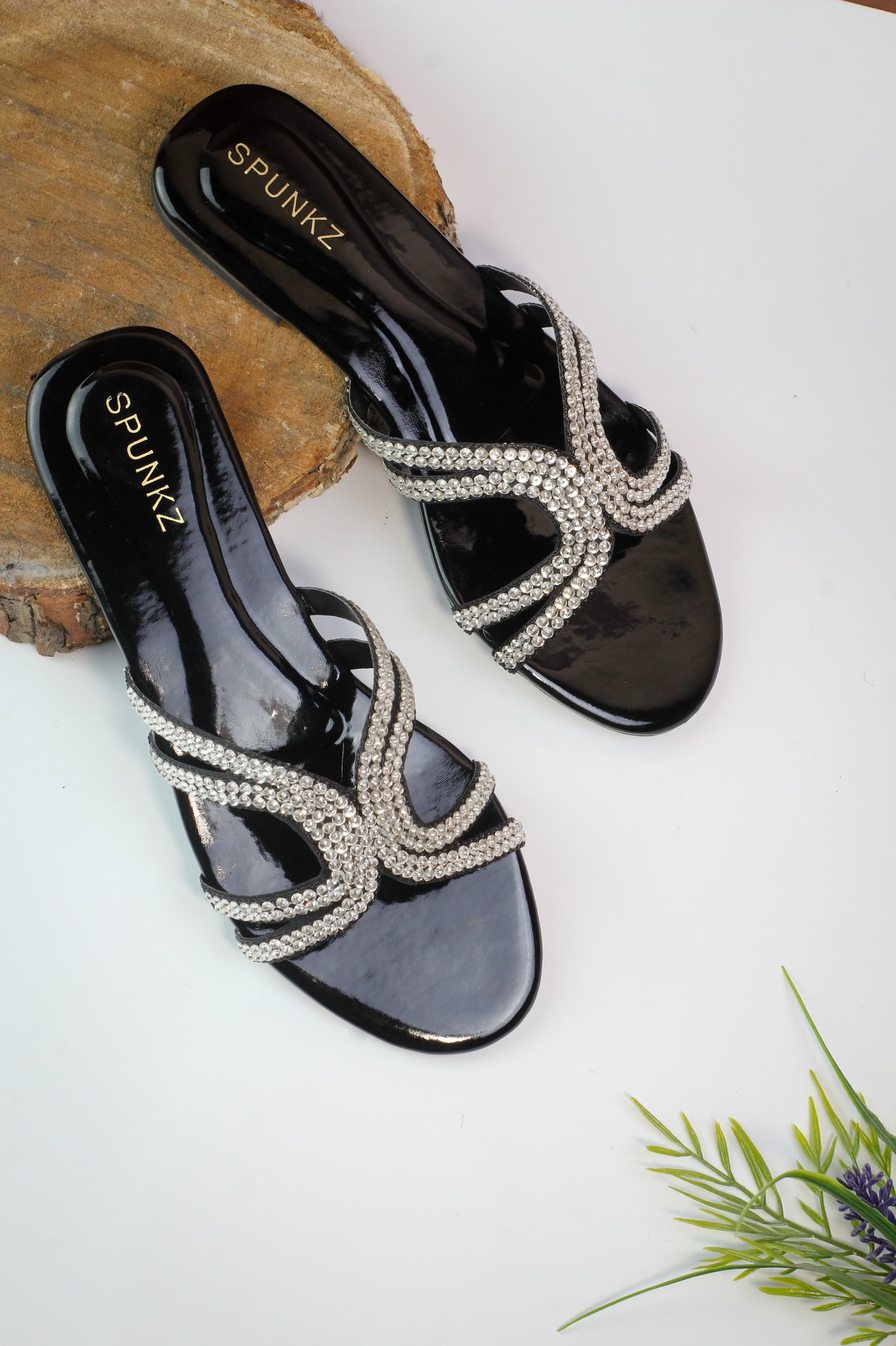 Mila Black Double Strap Crystal Embellished Flat Slides - Spunkz
