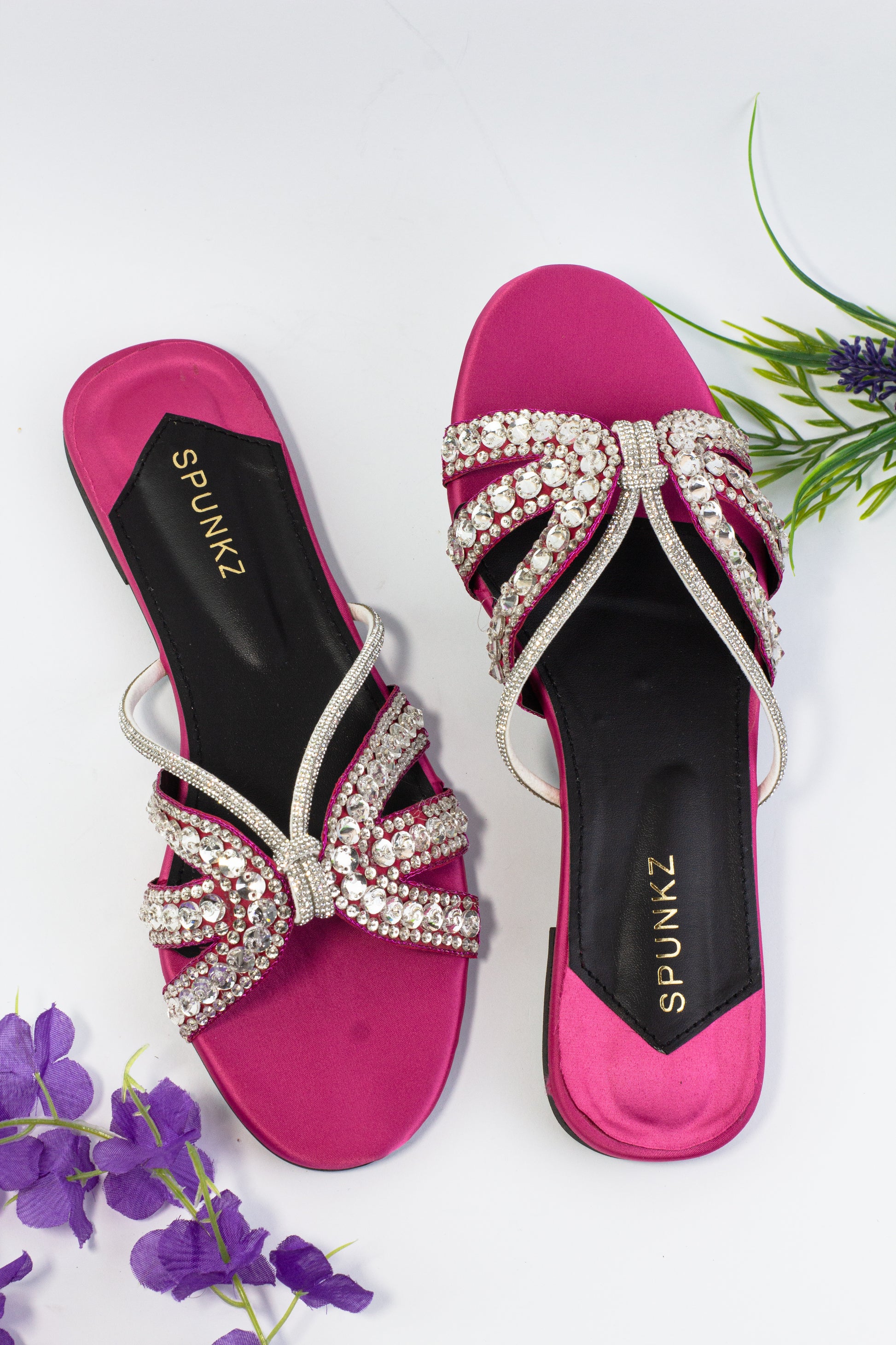 Norah Crystal Embellished Pink Slide Flats - Spunkz