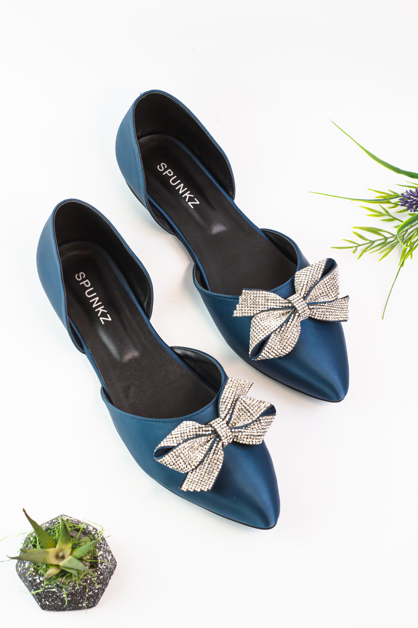 Olivia Embellished Bow Satin Flats Pumps - Spunkz