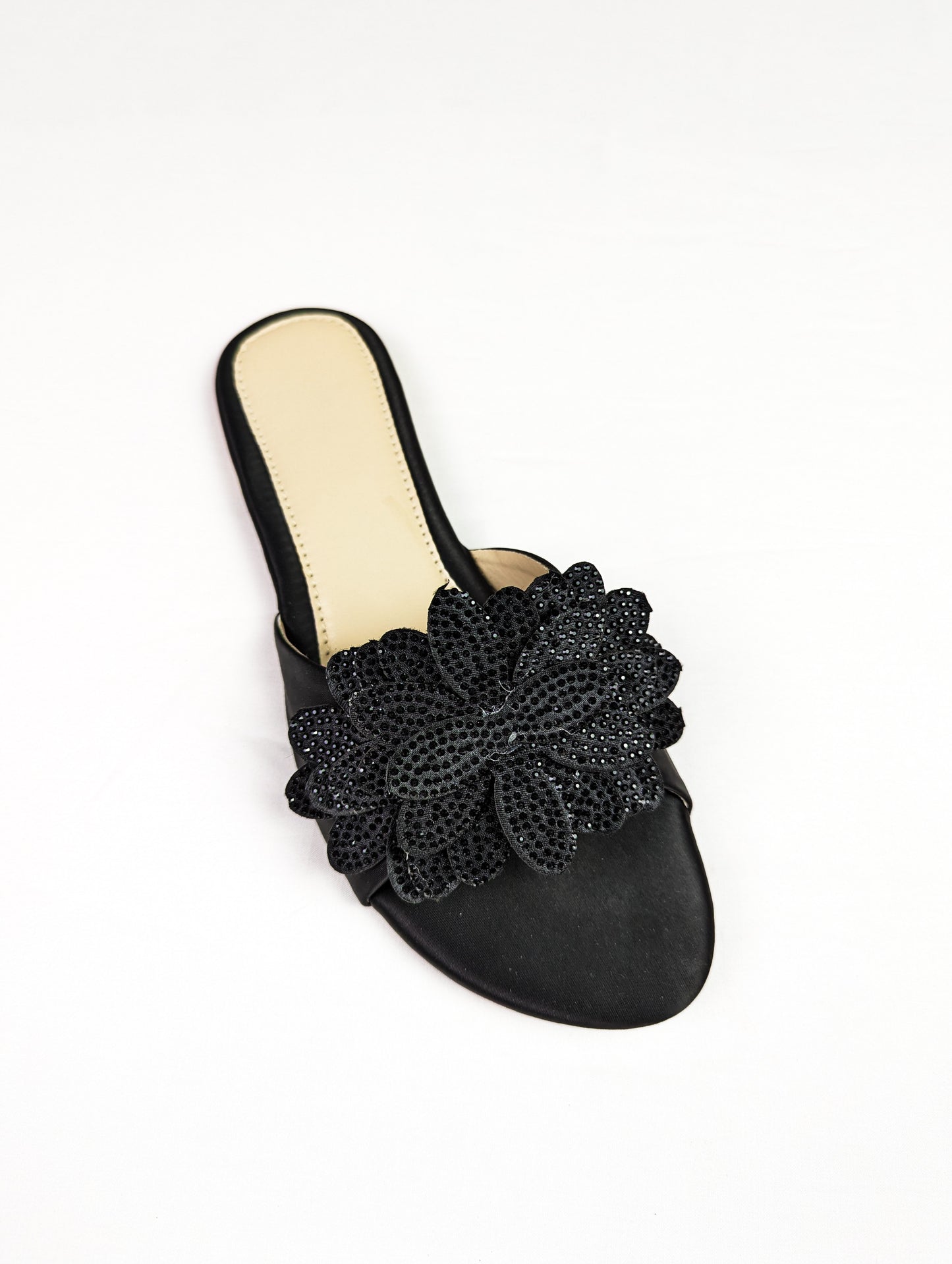 Melena Black Shiny Diamante Flower Slides - Spunkz